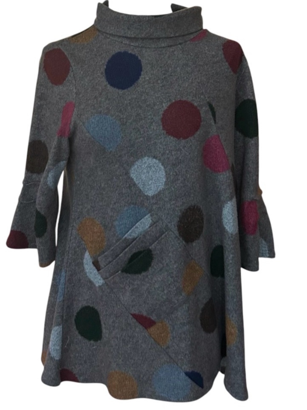 Damee Polka Dot Tunic Sweater S Gray Colorful Artsy Funnel Neck Swing Pocket